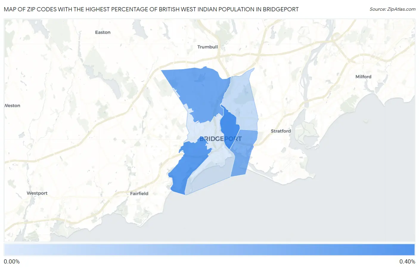 Zip Codes with the Highest Percentage of British West Indian Population in Bridgeport Map