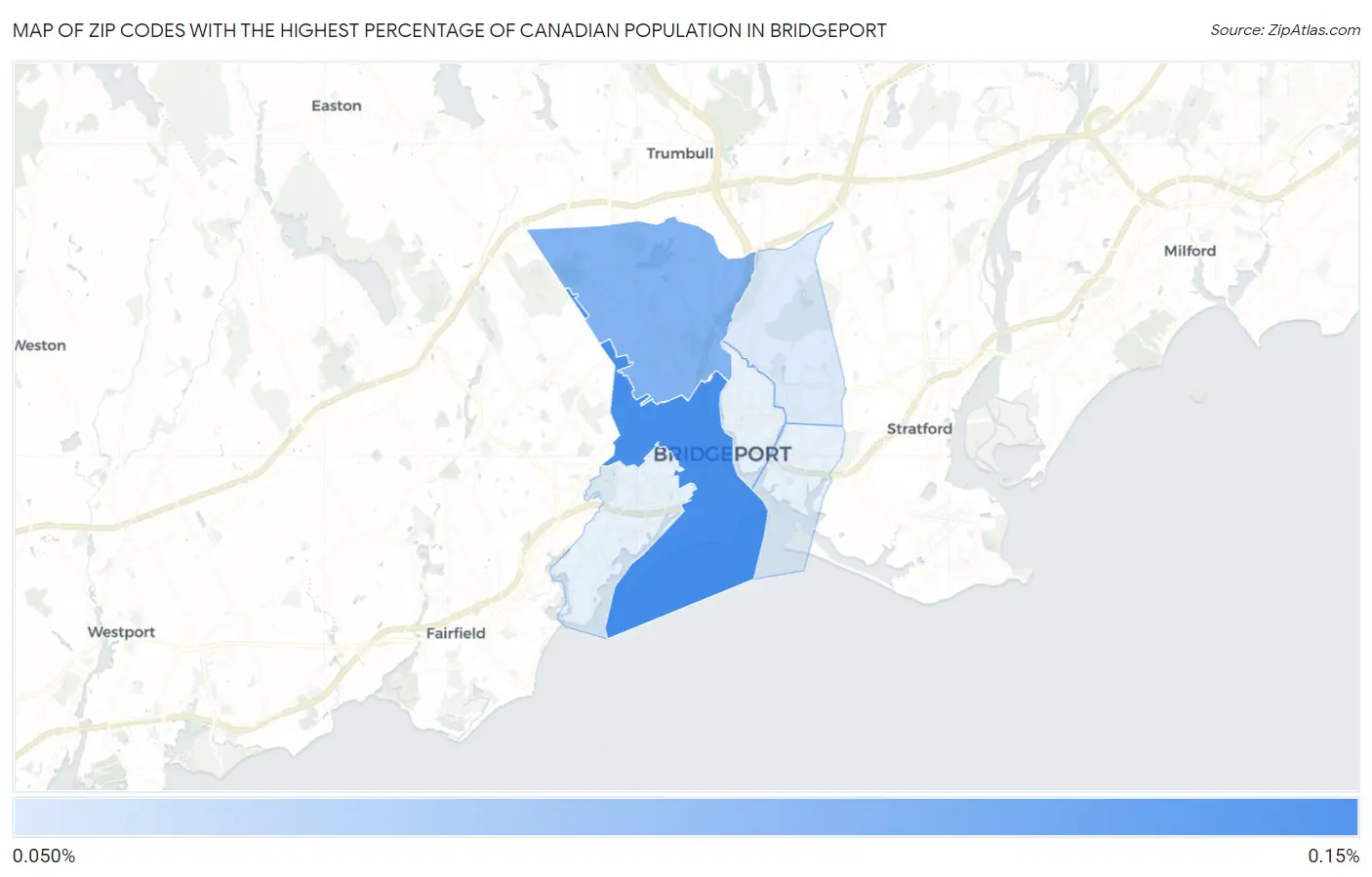 Zip Codes with the Highest Percentage of Canadian Population in Bridgeport Map