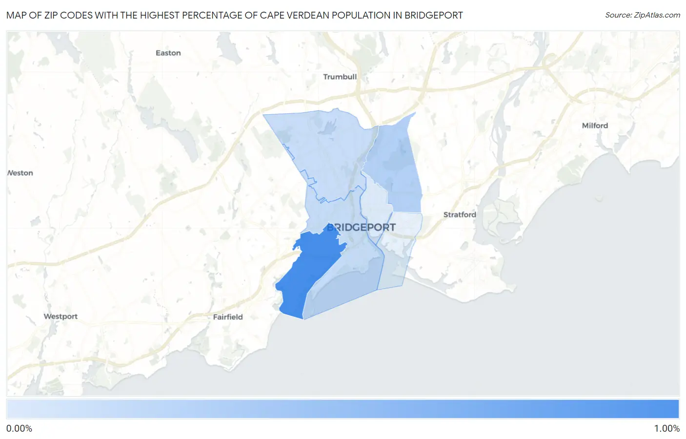 Zip Codes with the Highest Percentage of Cape Verdean Population in Bridgeport Map