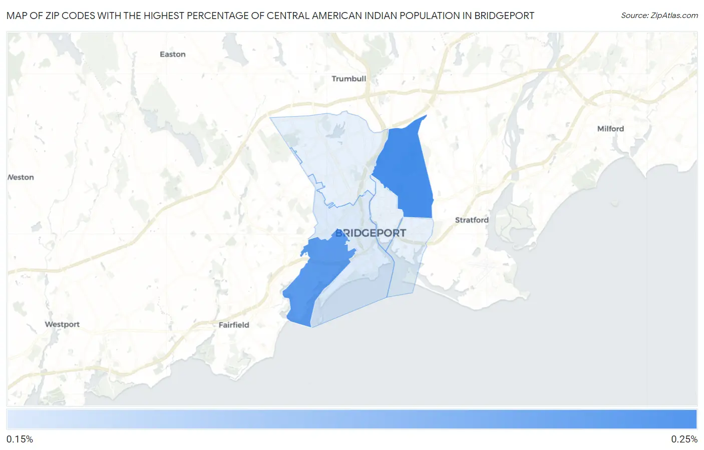 Zip Codes with the Highest Percentage of Central American Indian Population in Bridgeport Map