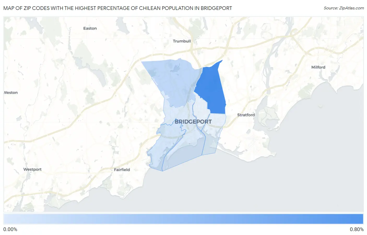Zip Codes with the Highest Percentage of Chilean Population in Bridgeport Map