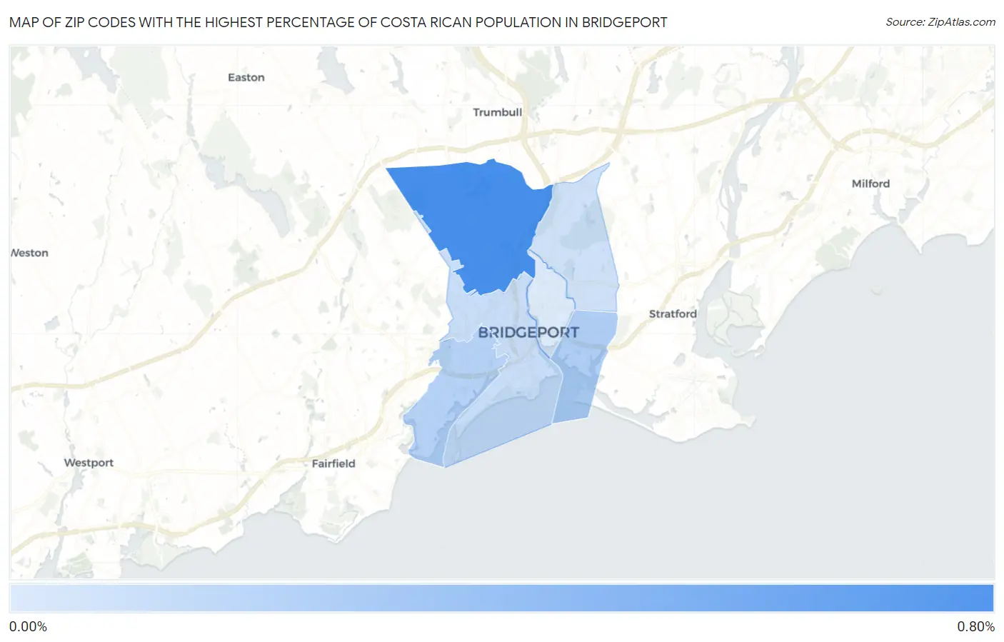 Zip Codes with the Highest Percentage of Costa Rican Population in Bridgeport Map