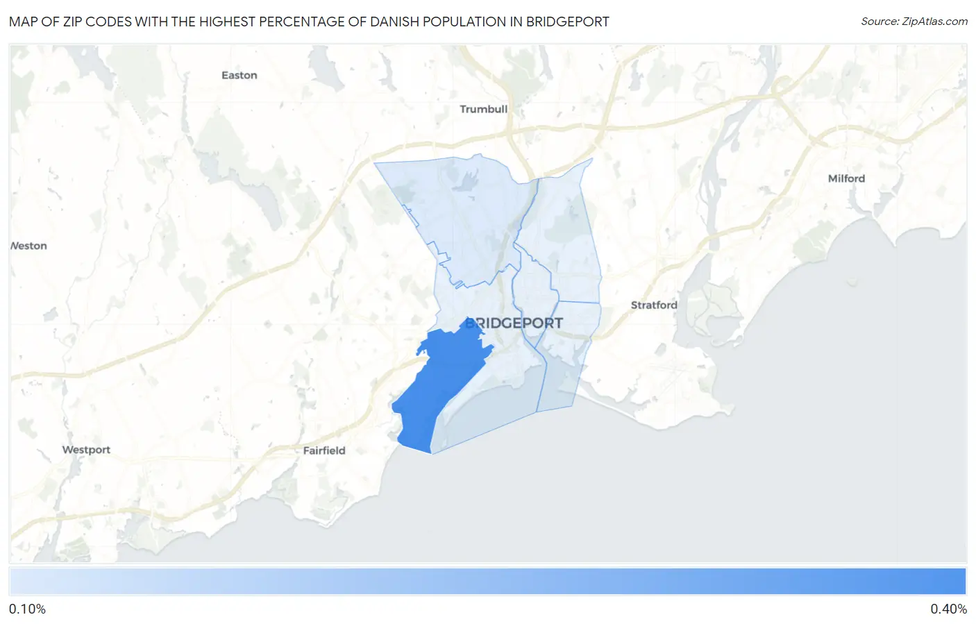 Zip Codes with the Highest Percentage of Danish Population in Bridgeport Map