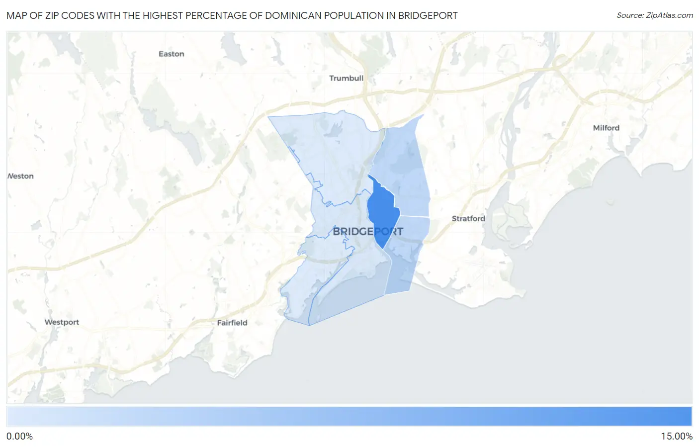 Zip Codes with the Highest Percentage of Dominican Population in Bridgeport Map