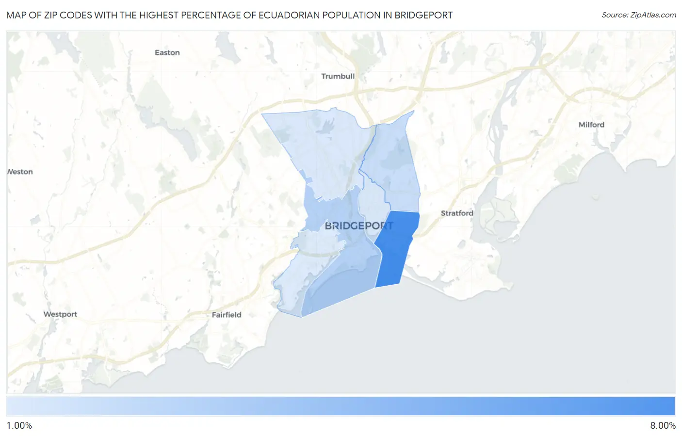 Zip Codes with the Highest Percentage of Ecuadorian Population in Bridgeport Map