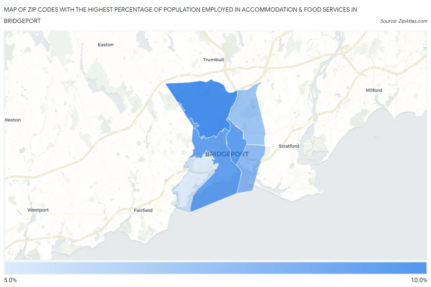 Zip Codes with the Highest Percentage of Population Employed in Accommodation & Food Services in Bridgeport Map