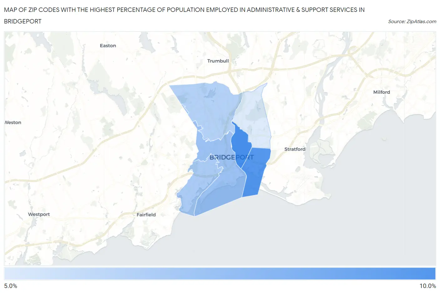 Zip Codes with the Highest Percentage of Population Employed in Administrative & Support Services in Bridgeport Map