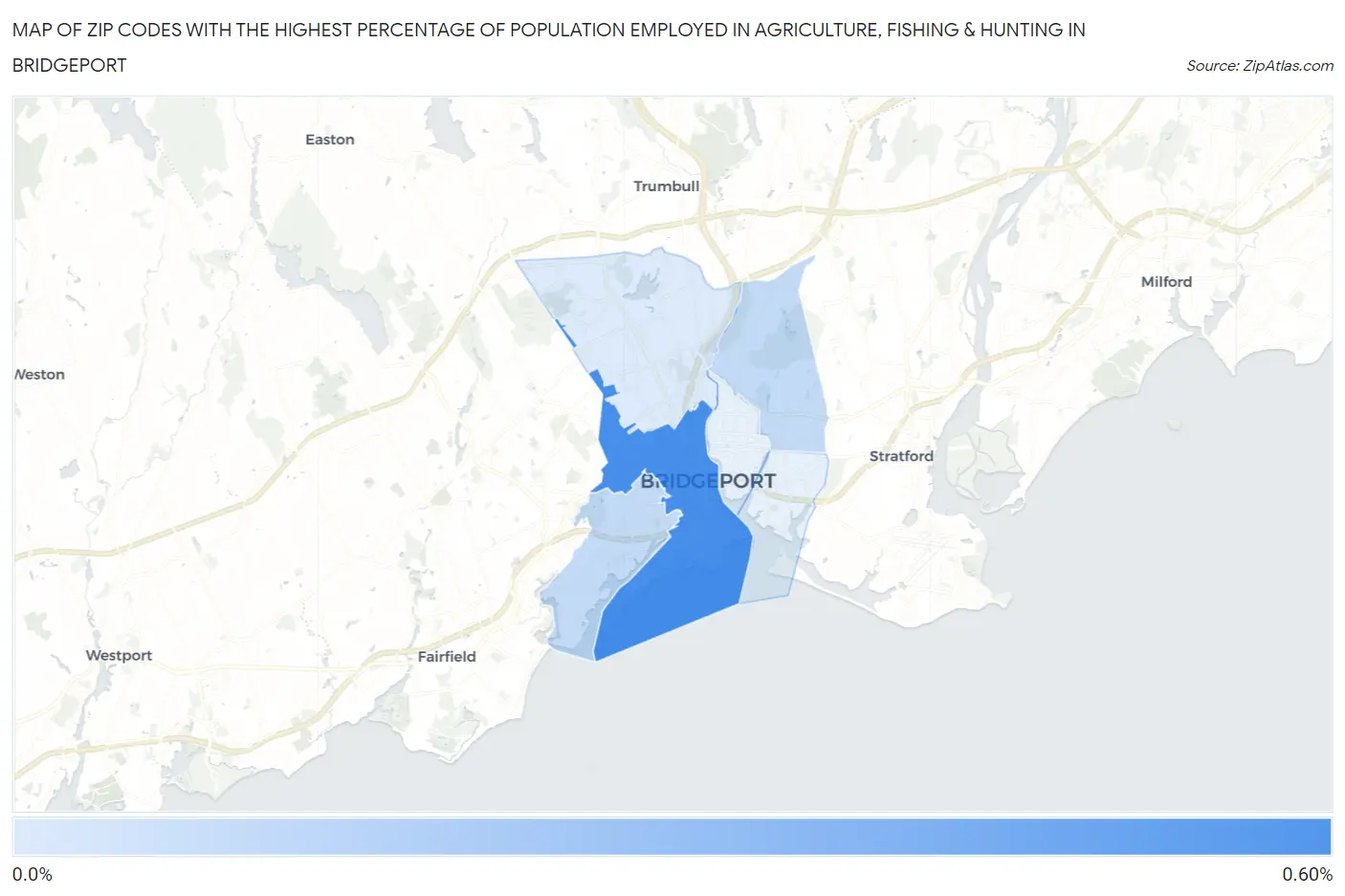 Zip Codes with the Highest Percentage of Population Employed in Agriculture, Fishing & Hunting in Bridgeport Map