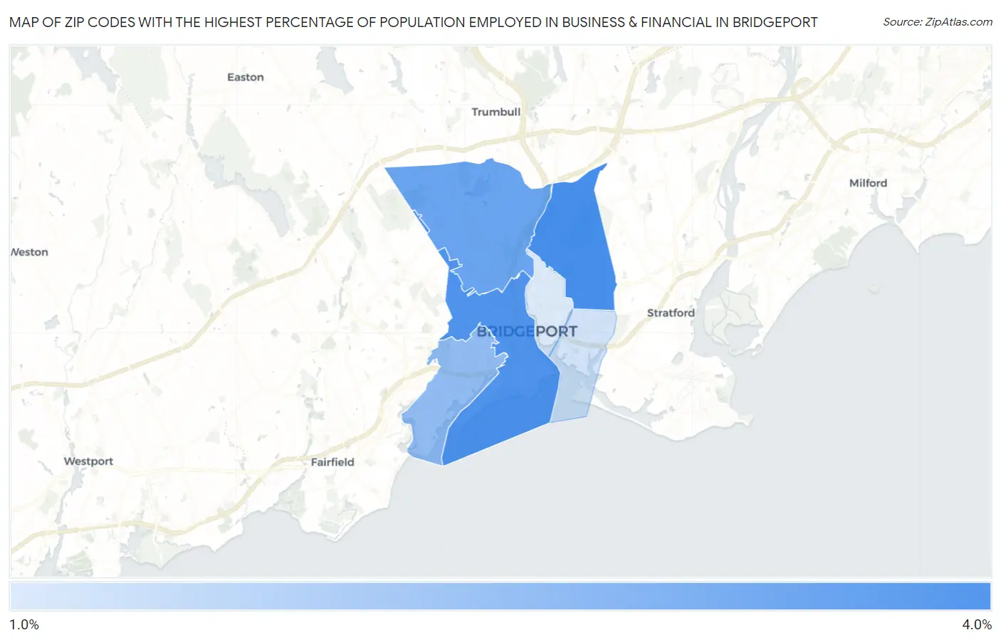 Zip Codes with the Highest Percentage of Population Employed in Business & Financial in Bridgeport Map