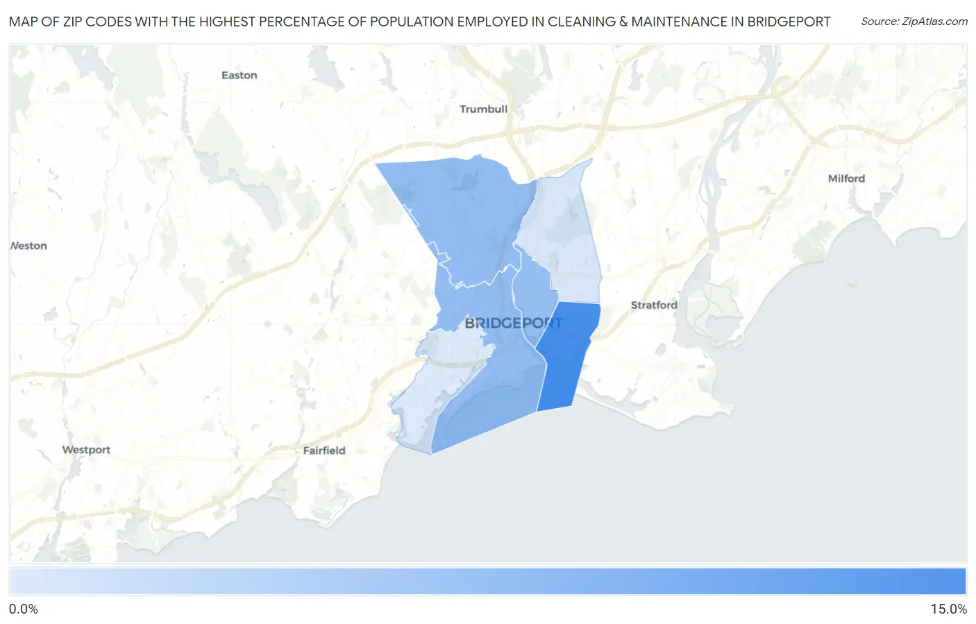 Zip Codes with the Highest Percentage of Population Employed in Cleaning & Maintenance in Bridgeport Map