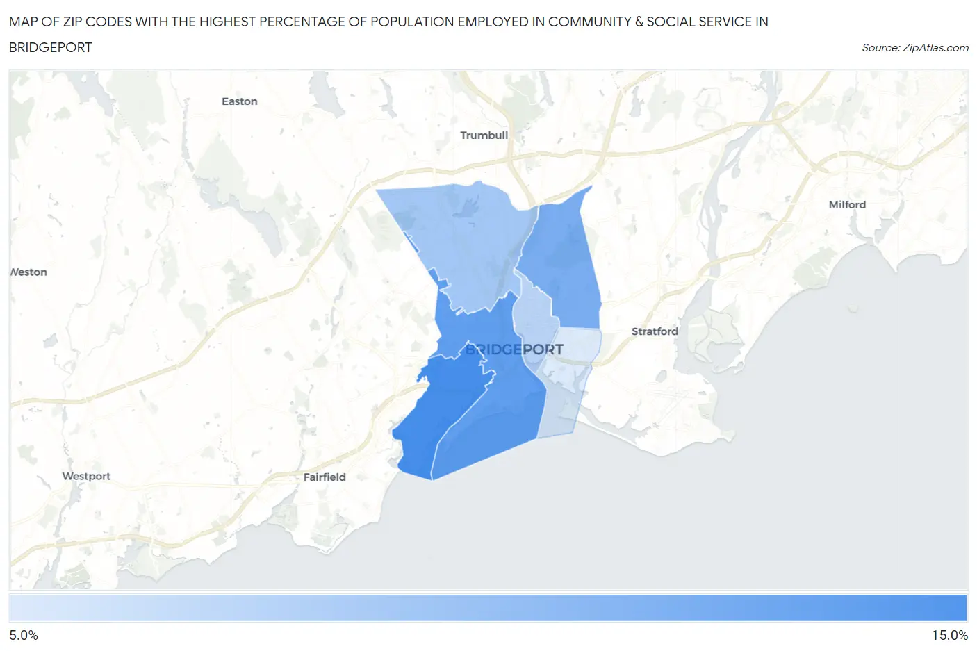 Zip Codes with the Highest Percentage of Population Employed in Community & Social Service  in Bridgeport Map