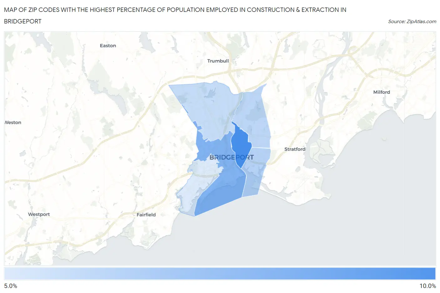 Zip Codes with the Highest Percentage of Population Employed in Construction & Extraction in Bridgeport Map