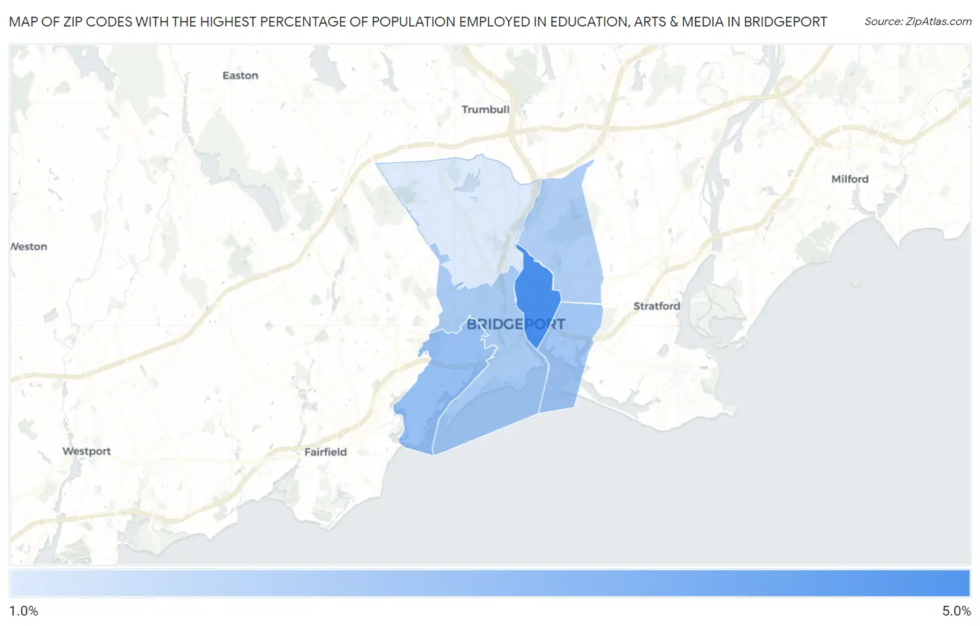 Zip Codes with the Highest Percentage of Population Employed in Education, Arts & Media in Bridgeport Map