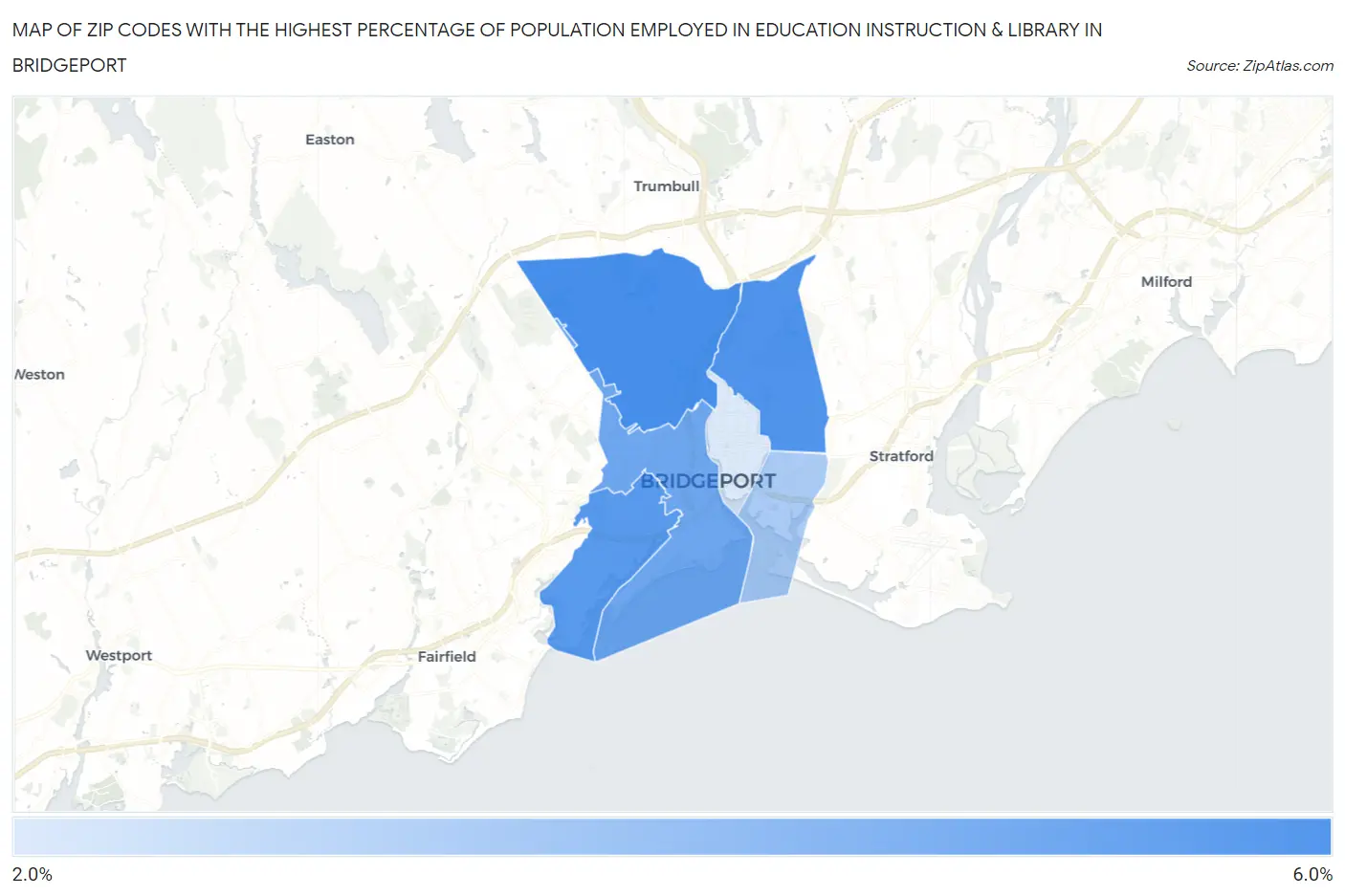 Zip Codes with the Highest Percentage of Population Employed in Education Instruction & Library in Bridgeport Map