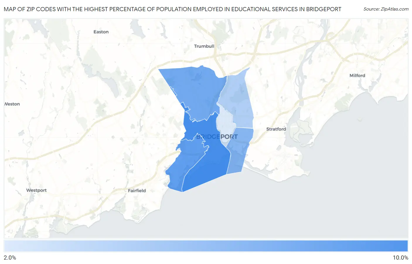 Zip Codes with the Highest Percentage of Population Employed in Educational Services in Bridgeport Map