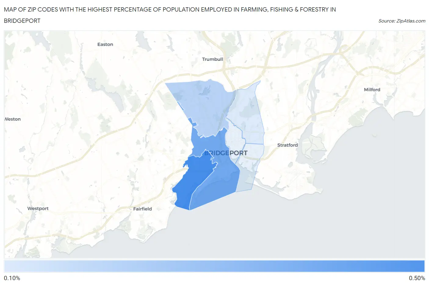 Zip Codes with the Highest Percentage of Population Employed in Farming, Fishing & Forestry in Bridgeport Map