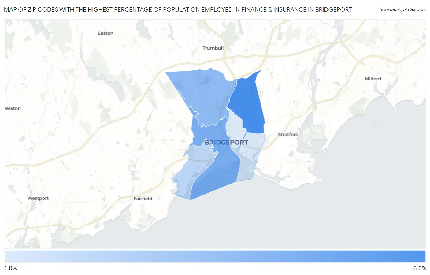 Zip Codes with the Highest Percentage of Population Employed in Finance & Insurance in Bridgeport Map