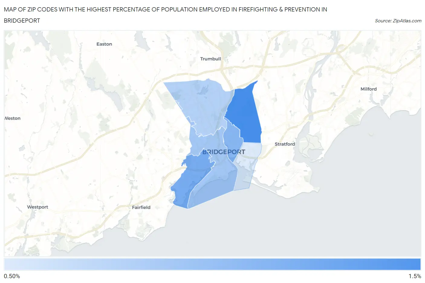Zip Codes with the Highest Percentage of Population Employed in Firefighting & Prevention in Bridgeport Map