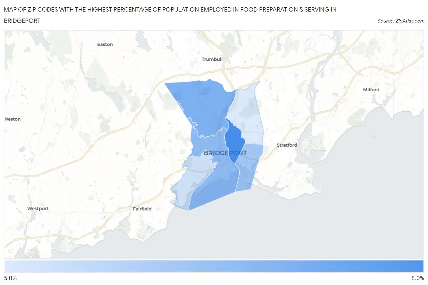 Zip Codes with the Highest Percentage of Population Employed in Food Preparation & Serving in Bridgeport Map