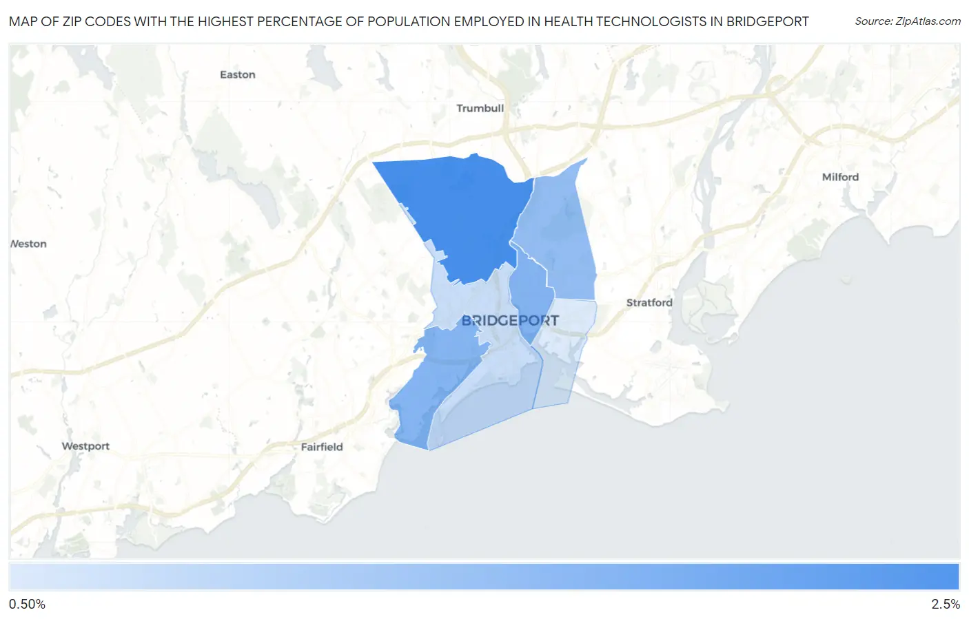 Zip Codes with the Highest Percentage of Population Employed in Health Technologists in Bridgeport Map