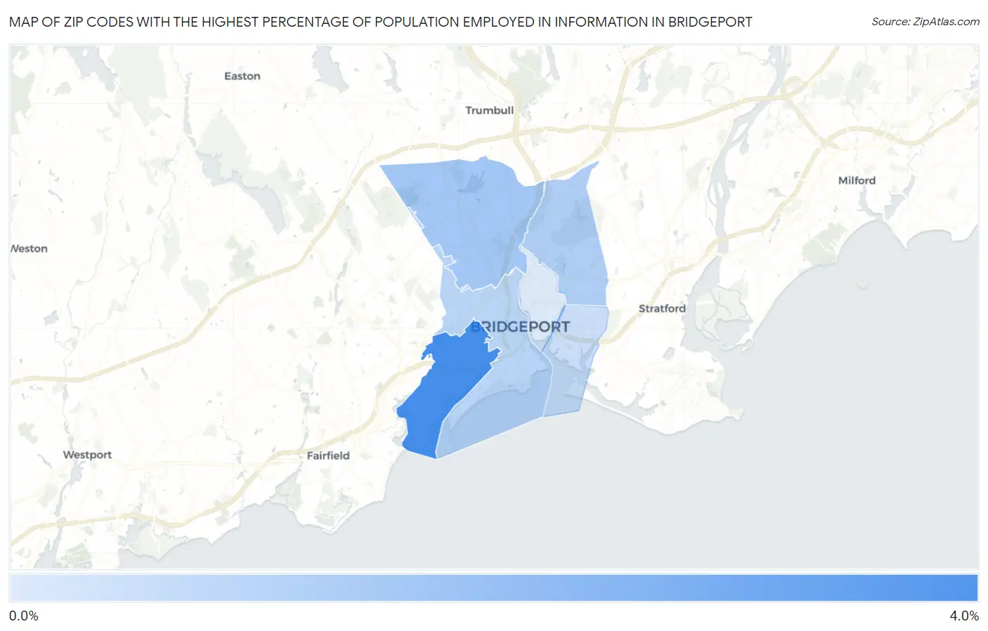 Zip Codes with the Highest Percentage of Population Employed in Information in Bridgeport Map