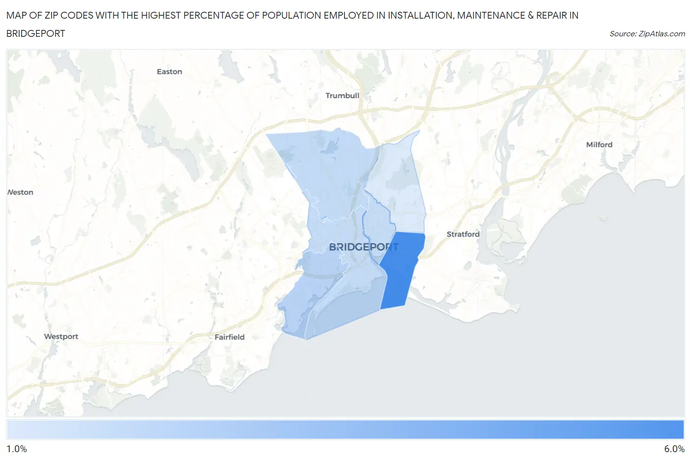Zip Codes with the Highest Percentage of Population Employed in Installation, Maintenance & Repair in Bridgeport Map