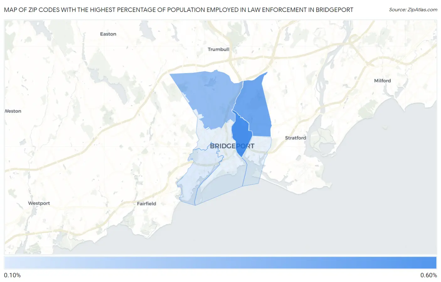 Zip Codes with the Highest Percentage of Population Employed in Law Enforcement in Bridgeport Map