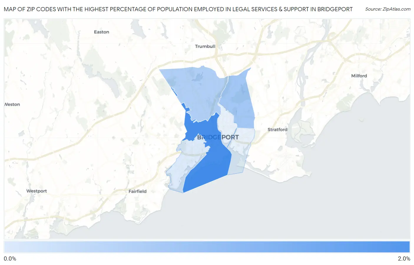 Zip Codes with the Highest Percentage of Population Employed in Legal Services & Support in Bridgeport Map