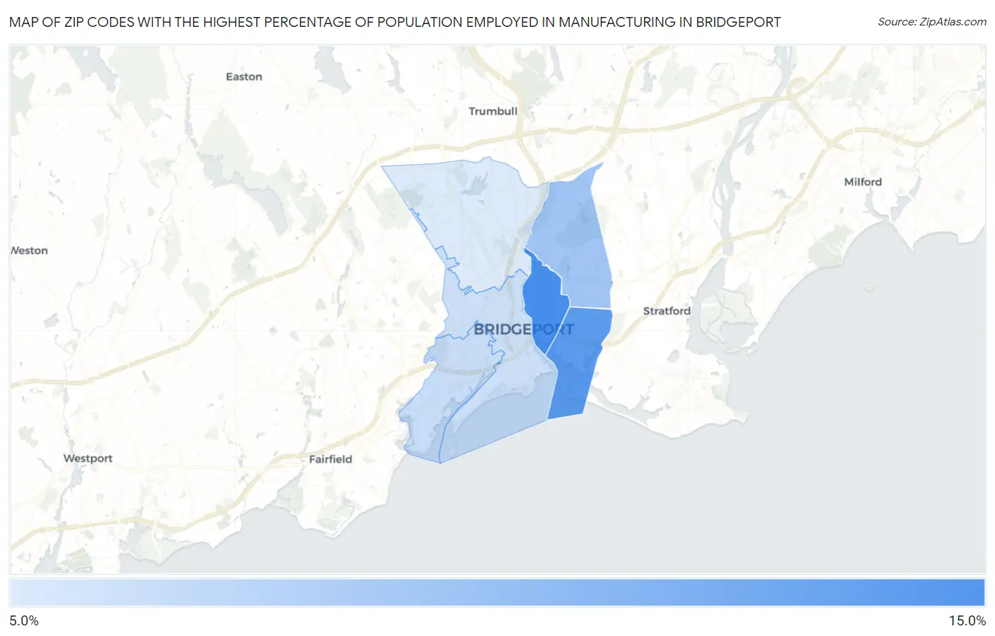 Zip Codes with the Highest Percentage of Population Employed in Manufacturing in Bridgeport Map