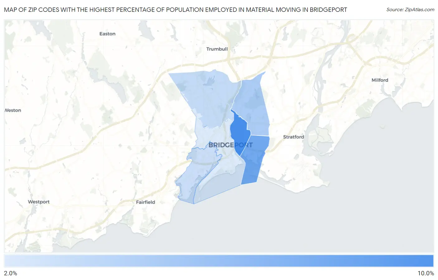 Zip Codes with the Highest Percentage of Population Employed in Material Moving in Bridgeport Map