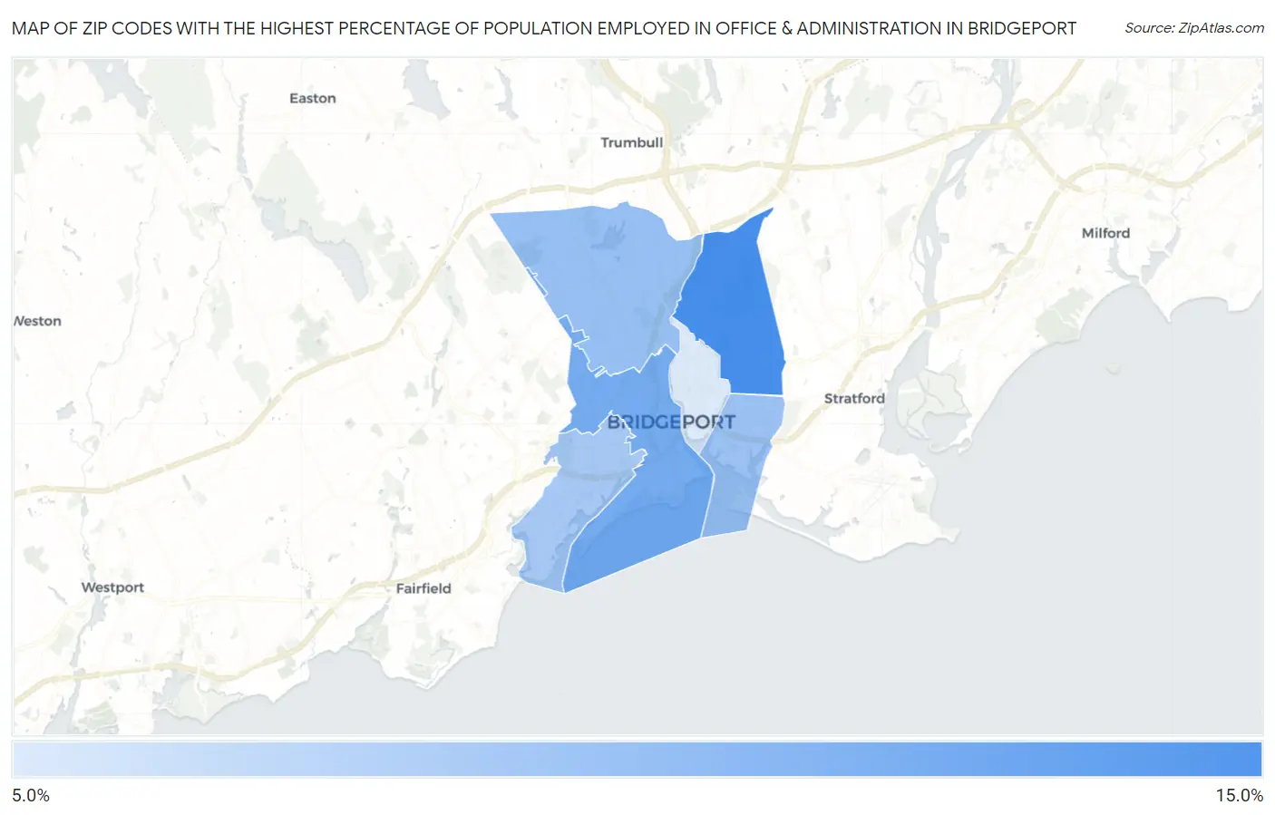 Zip Codes with the Highest Percentage of Population Employed in Office & Administration in Bridgeport Map