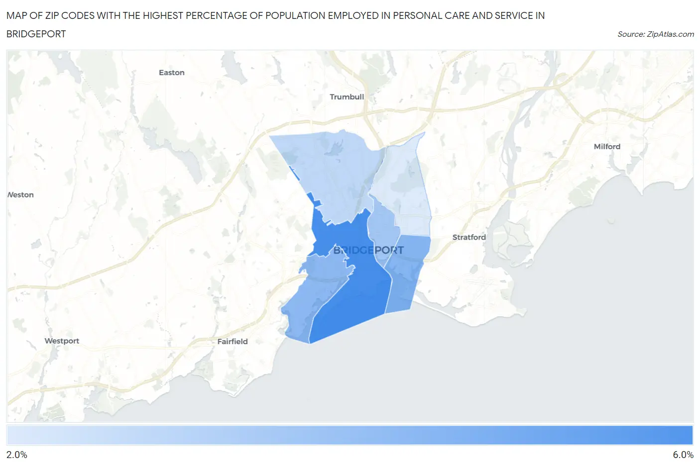 Zip Codes with the Highest Percentage of Population Employed in Personal Care and Service in Bridgeport Map