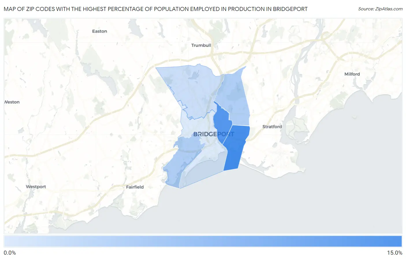 Zip Codes with the Highest Percentage of Population Employed in Production in Bridgeport Map