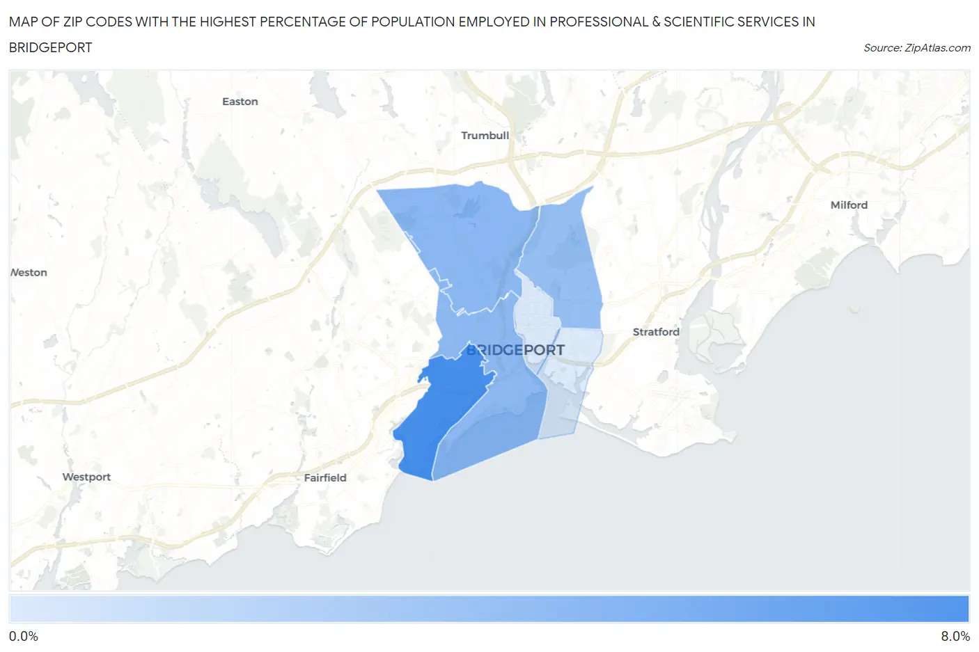 Zip Codes with the Highest Percentage of Population Employed in Professional & Scientific Services in Bridgeport Map