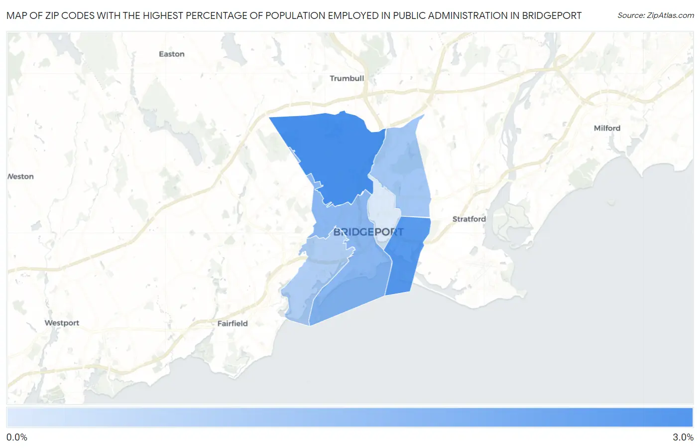 Zip Codes with the Highest Percentage of Population Employed in Public Administration in Bridgeport Map