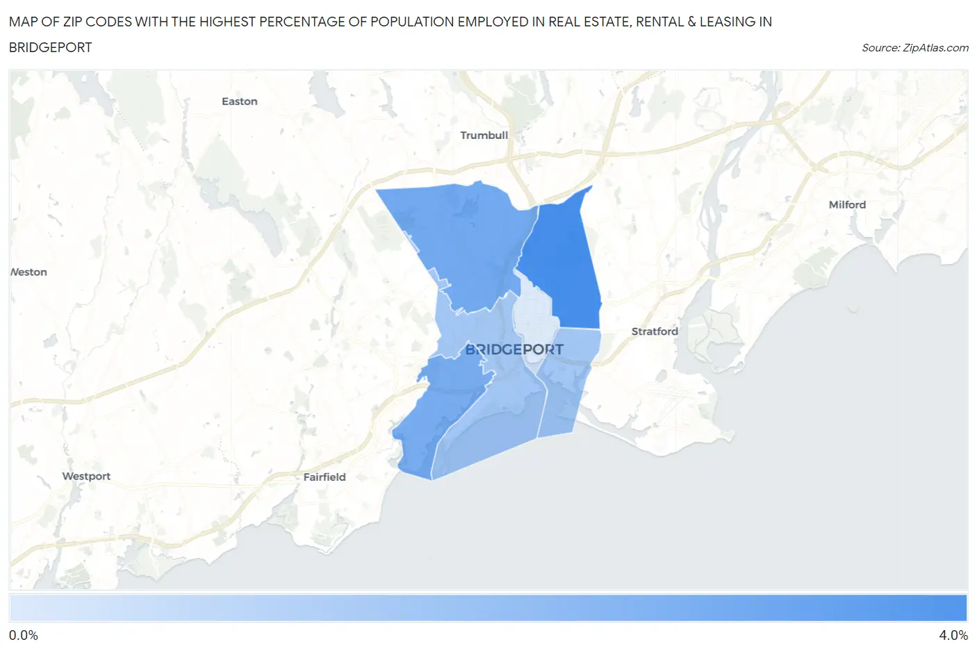 Zip Codes with the Highest Percentage of Population Employed in Real Estate, Rental & Leasing in Bridgeport Map