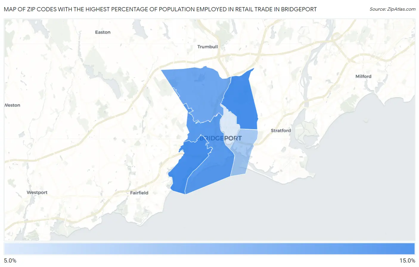 Zip Codes with the Highest Percentage of Population Employed in Retail Trade in Bridgeport Map