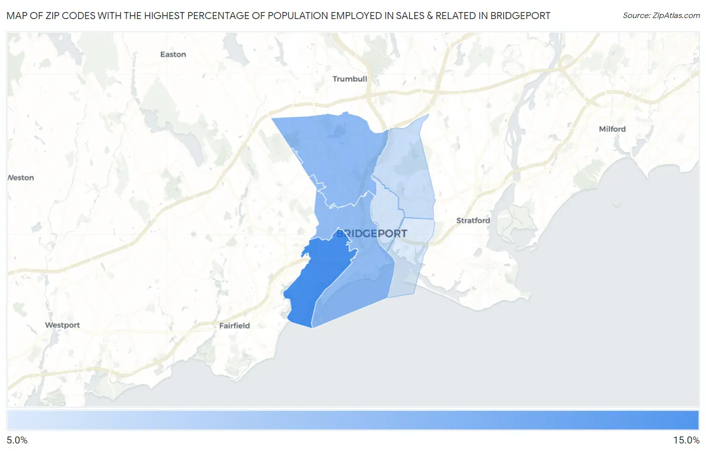 Zip Codes with the Highest Percentage of Population Employed in Sales & Related in Bridgeport Map
