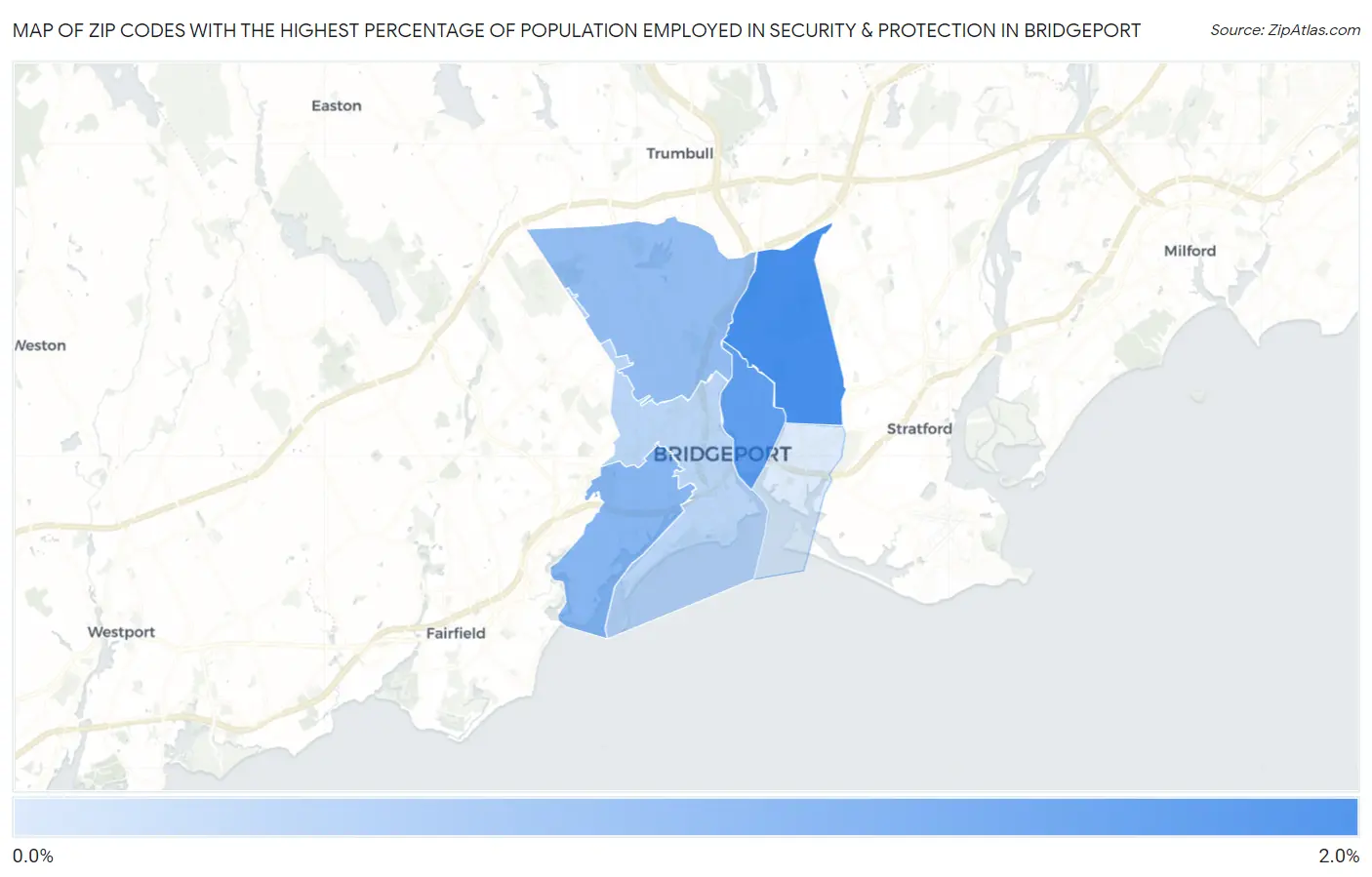 Zip Codes with the Highest Percentage of Population Employed in Security & Protection in Bridgeport Map