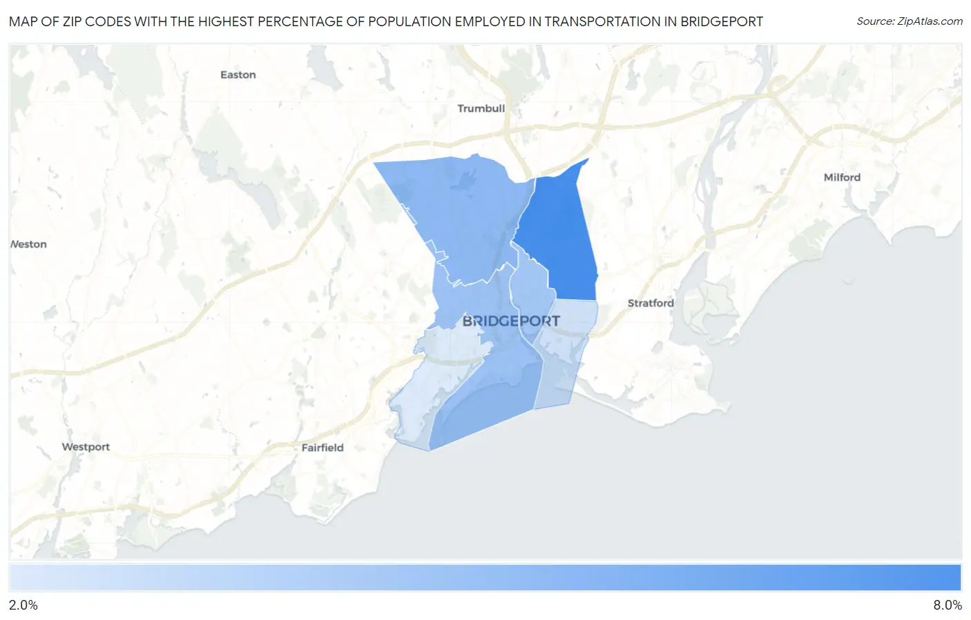 Zip Codes with the Highest Percentage of Population Employed in Transportation in Bridgeport Map
