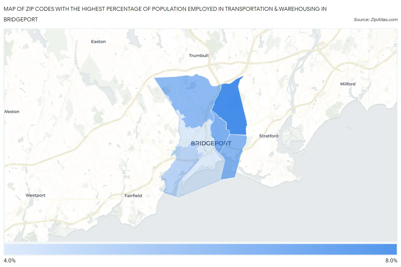 Zip Codes with the Highest Percentage of Population Employed in Transportation & Warehousing in Bridgeport Map