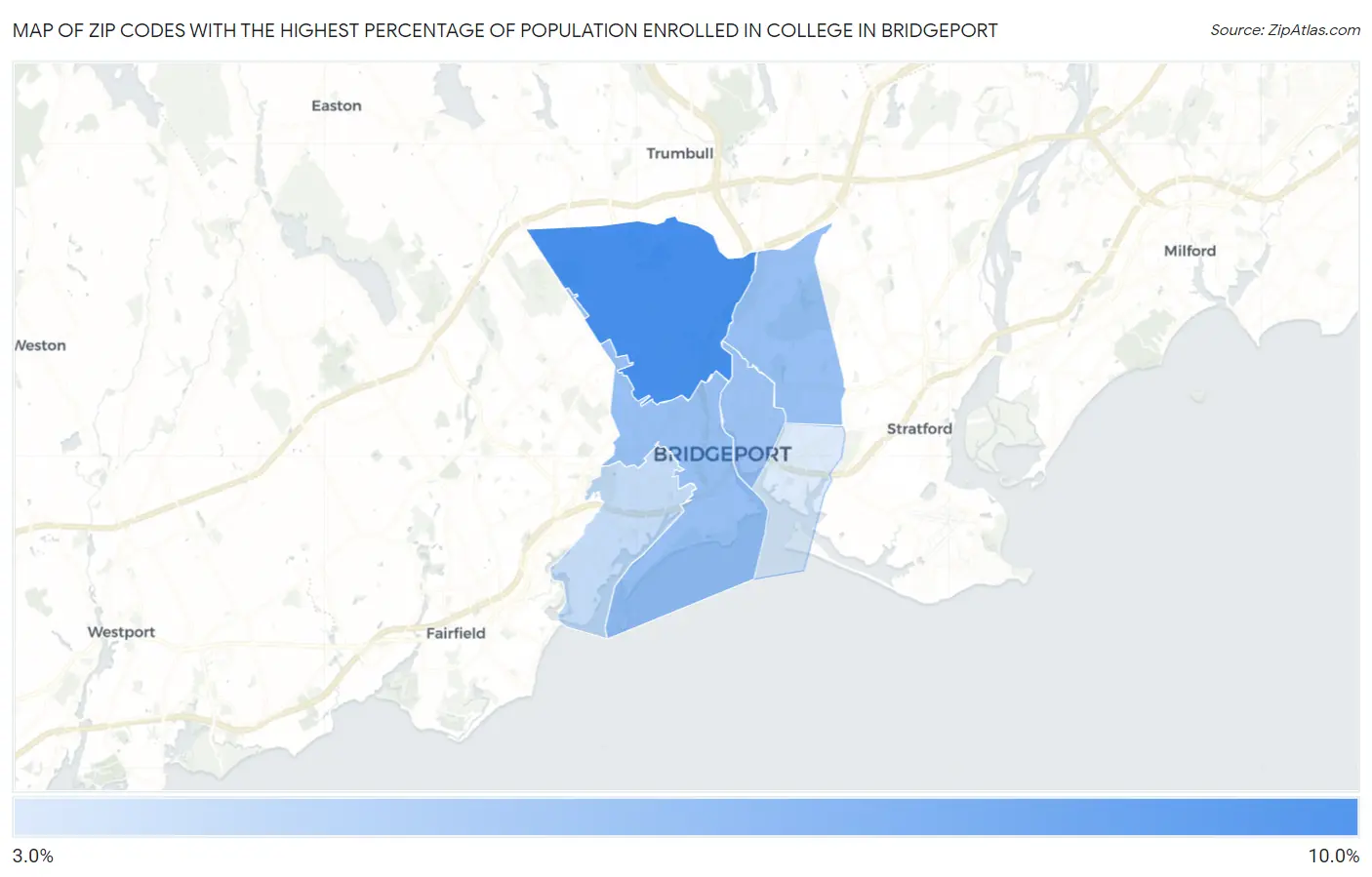 Zip Codes with the Highest Percentage of Population Enrolled in College in Bridgeport Map