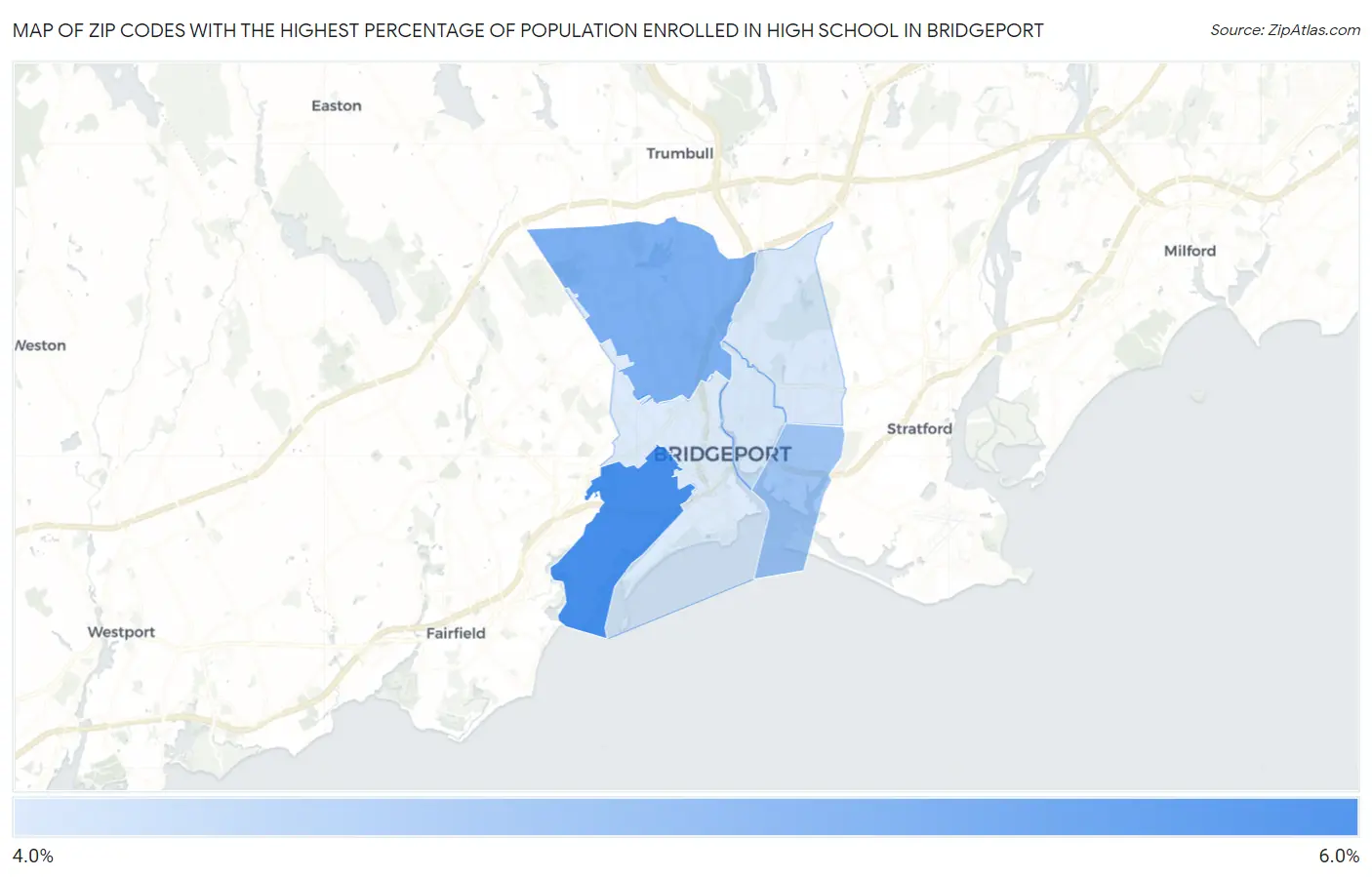Zip Codes with the Highest Percentage of Population Enrolled in High School in Bridgeport Map