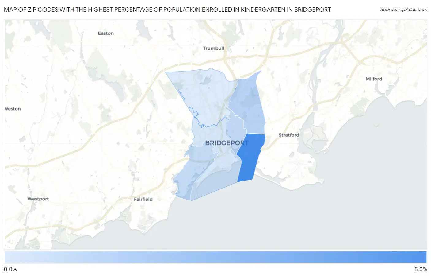 Zip Codes with the Highest Percentage of Population Enrolled in Kindergarten in Bridgeport Map