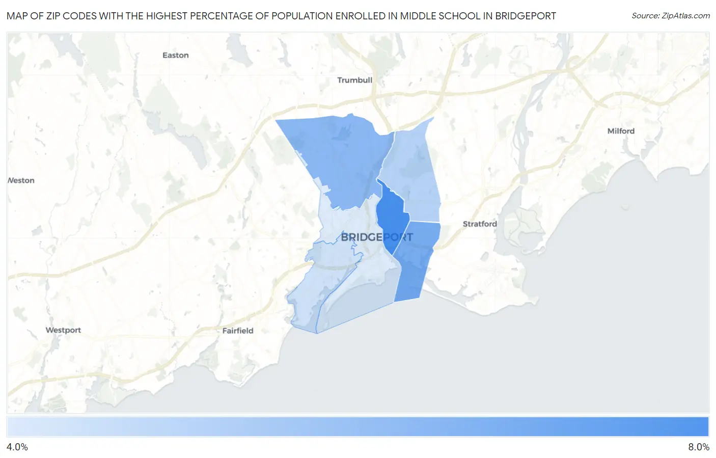 Zip Codes with the Highest Percentage of Population Enrolled in Middle School in Bridgeport Map