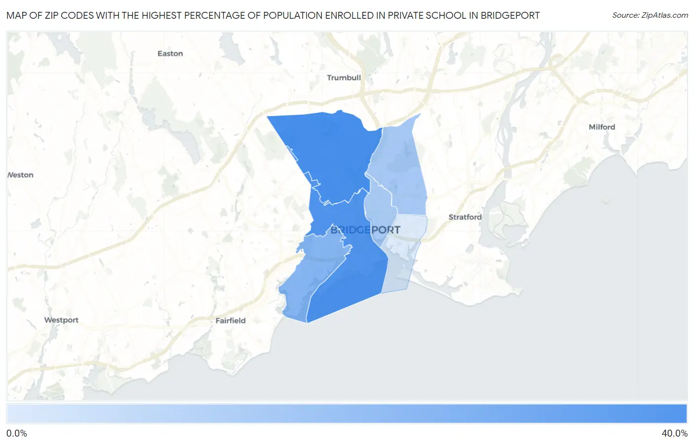 Zip Codes with the Highest Percentage of Population Enrolled in Private School in Bridgeport Map