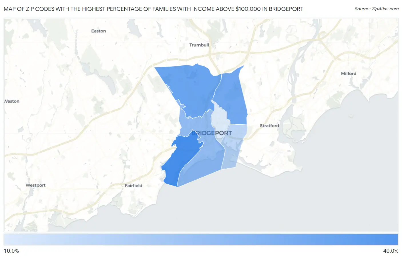 Zip Codes with the Highest Percentage of Families with Income Above $100,000 in Bridgeport Map