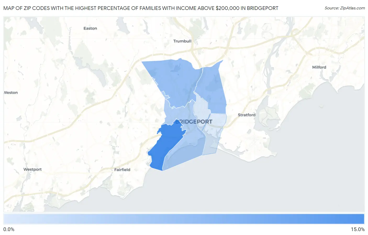 Zip Codes with the Highest Percentage of Families with Income Above $200,000 in Bridgeport Map