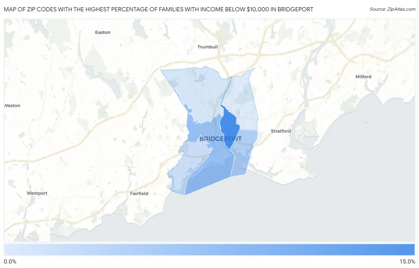 Zip Codes with the Highest Percentage of Families with Income Below $10,000 in Bridgeport Map