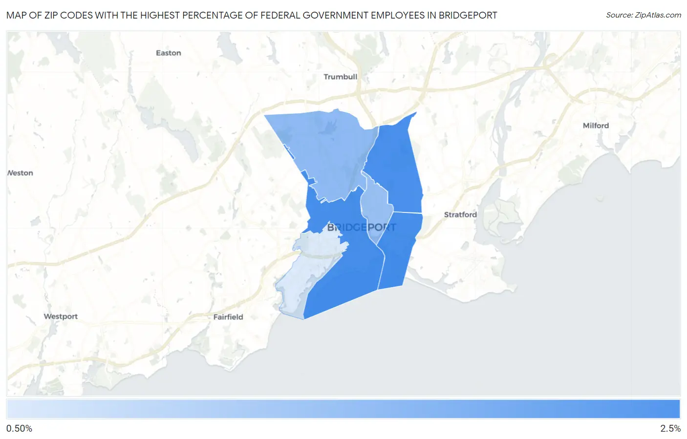 Zip Codes with the Highest Percentage of Federal Government Employees in Bridgeport Map